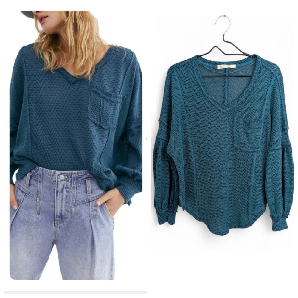 We The Free x Free People Blue Hacci Oversized Sweater Balloon Sleeve Slouchy XS
